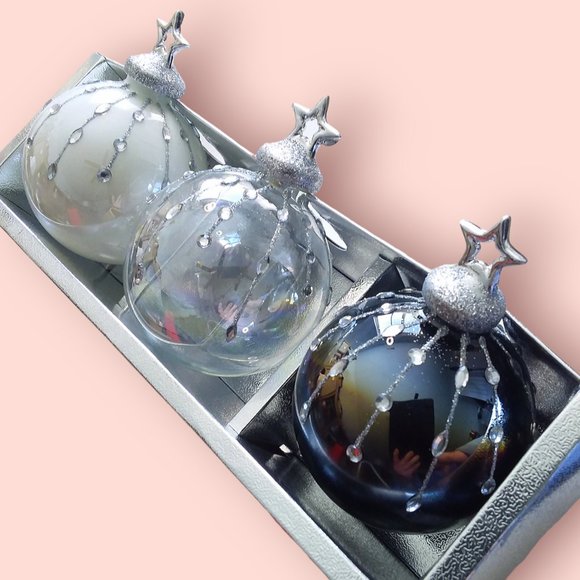 34th & Pine Iridescent Glass Ornament Jeweled Glitter White Clear Black 3pc NIB - Picture 9 of 13